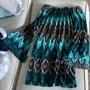 Blue & brown, off the shoulder dress.